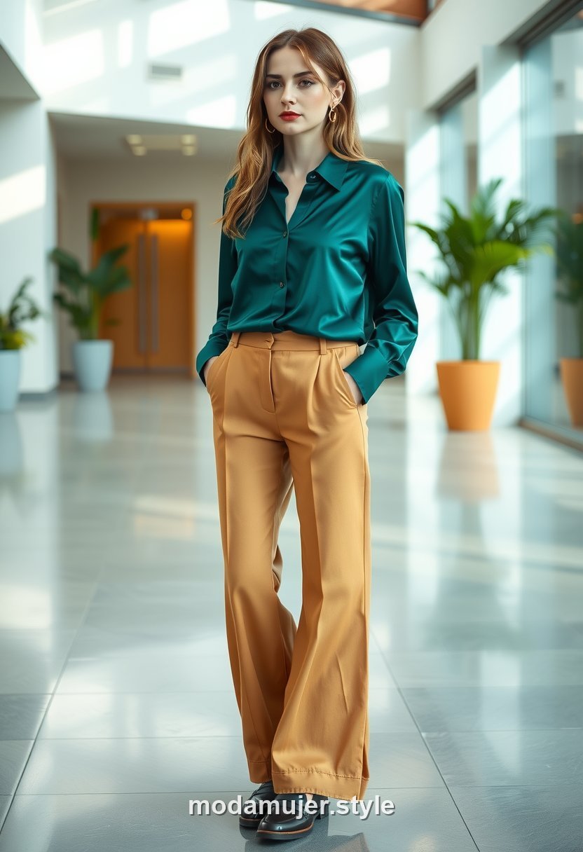 Look de oficina de día a día con blusa de seda y pantalón ancho