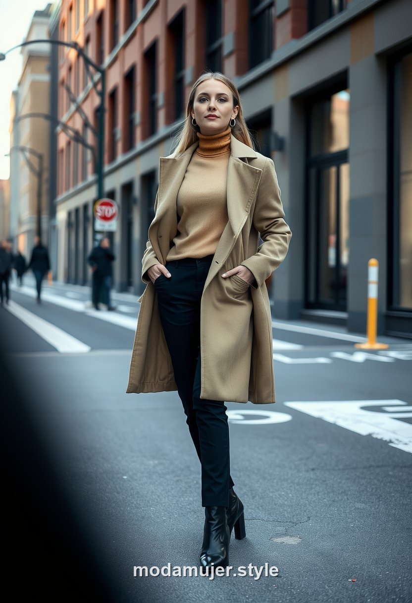 Look de oficina abrigado con jersey de cuello alto, pantalón y gabardina