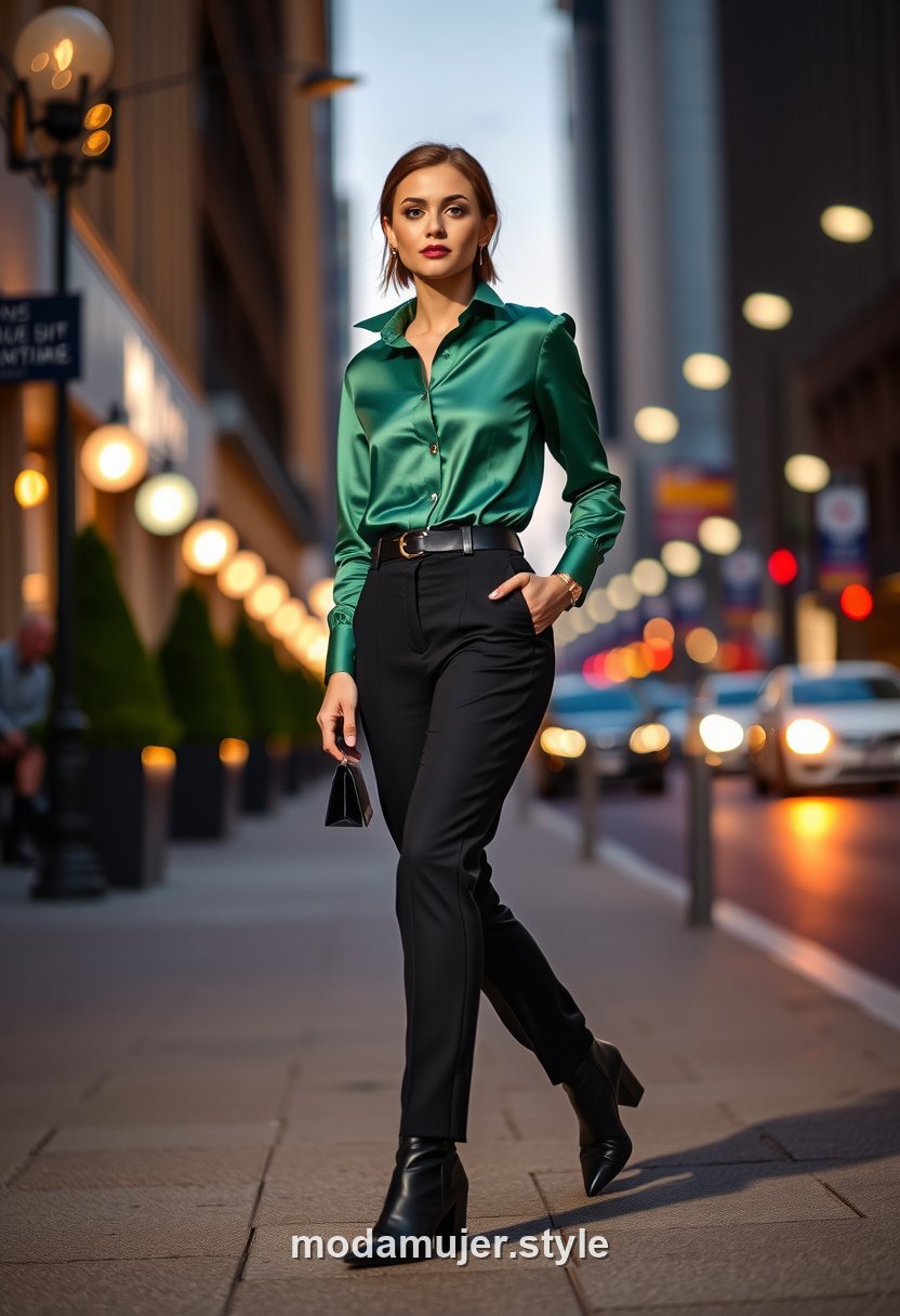 Look de after-work con blusa de seda, pantalón y botines de tacón