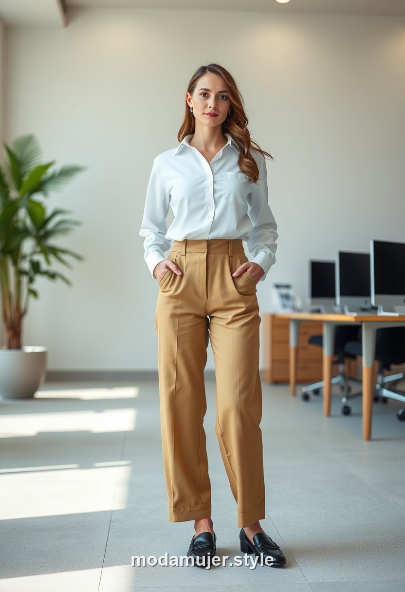 Look de viernes casual con camisa blanca, pantalón ancho y mocasines