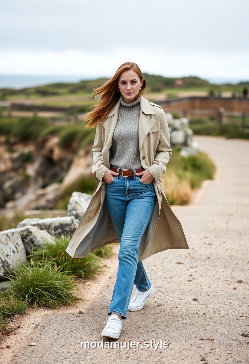 Look de excursión con jersey fino, vaqueros y gabardina