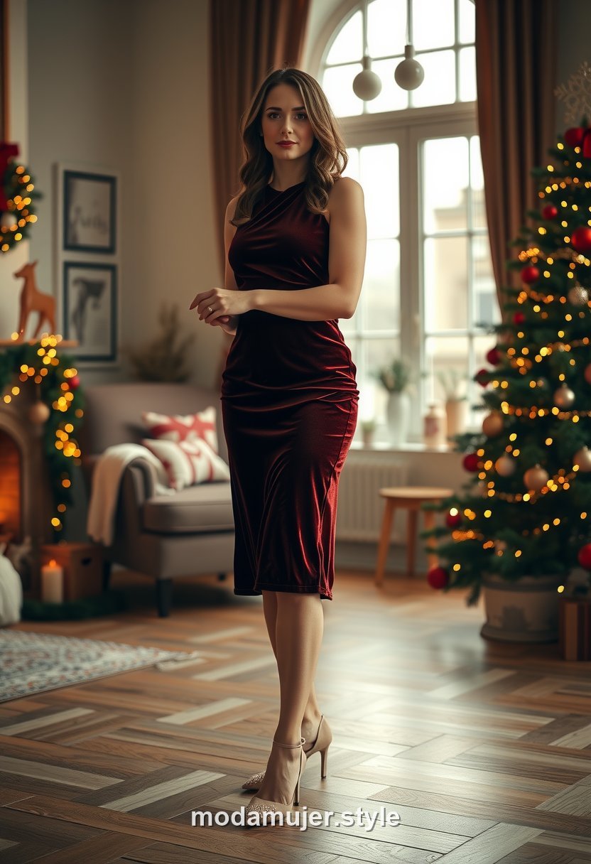 Look de cena de Navidad con vestido de terciopelo y zapatos joya