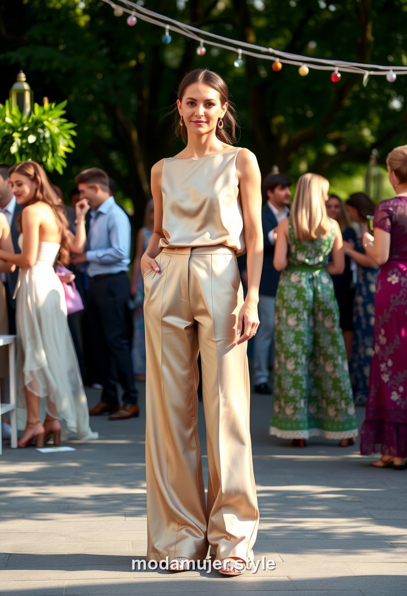 Look navideño de día con pantalón palazzo, top satinado y zapatos joya