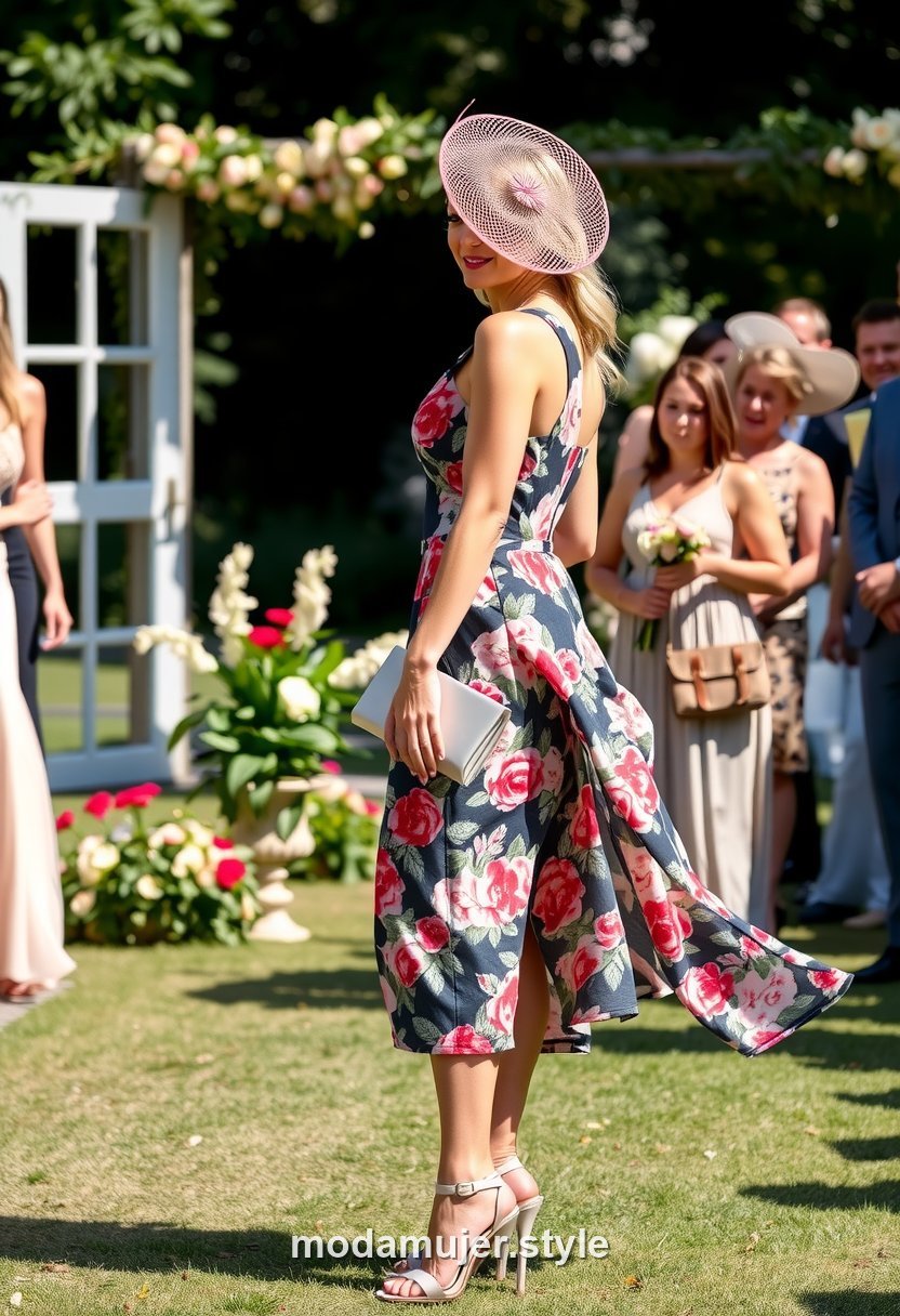 Look de invitada de boda de día con vestido midi y sandalias de tacón