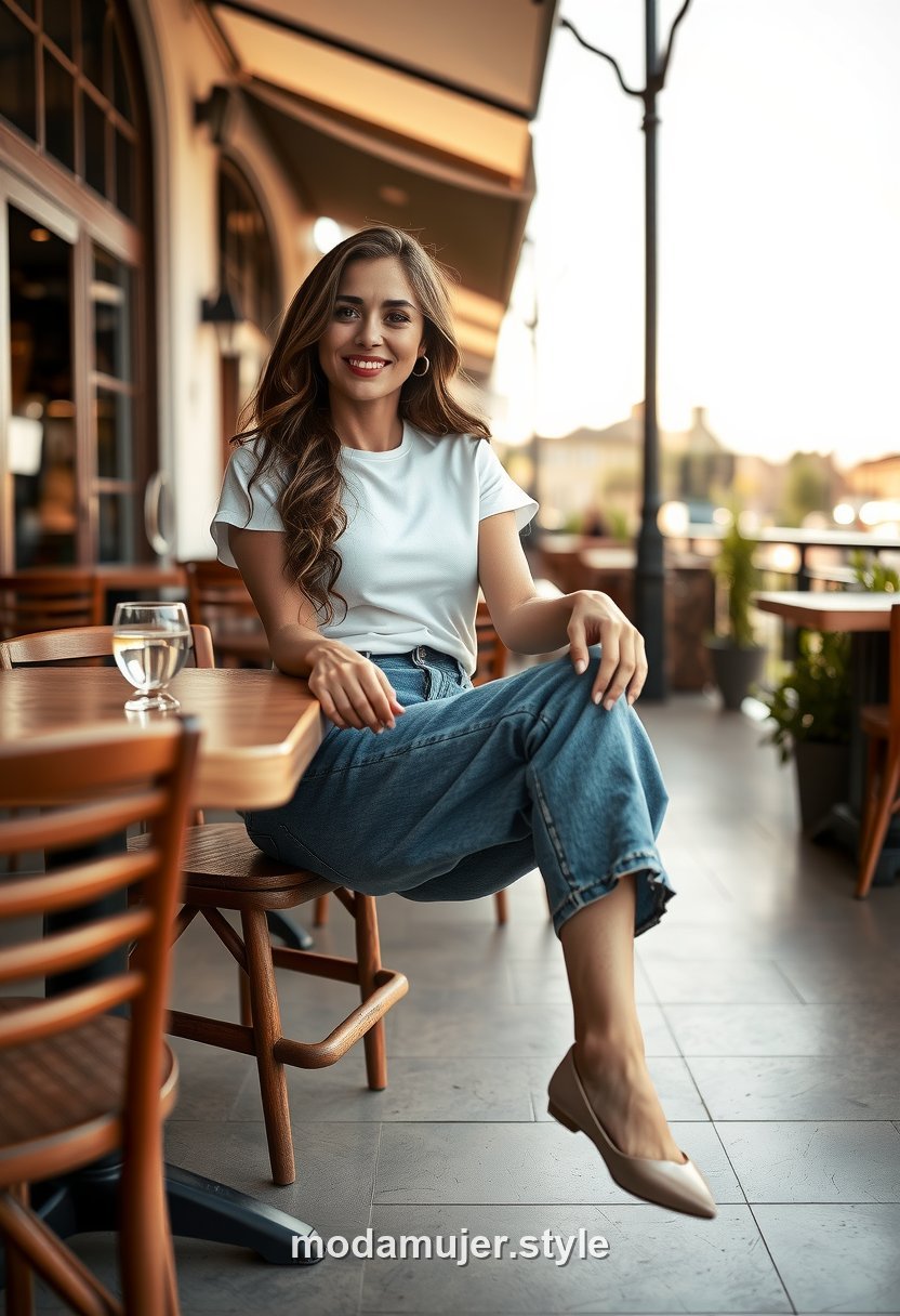Look de primera cita con camiseta blanca, vaqueros y bailarinas