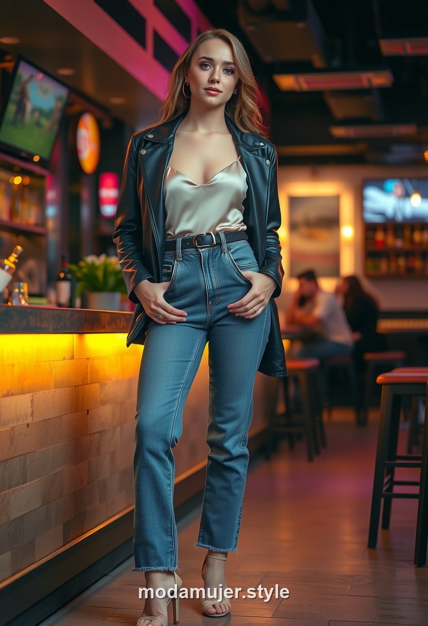 Look de copas con top satinado, vaqueros y chaqueta de cuero