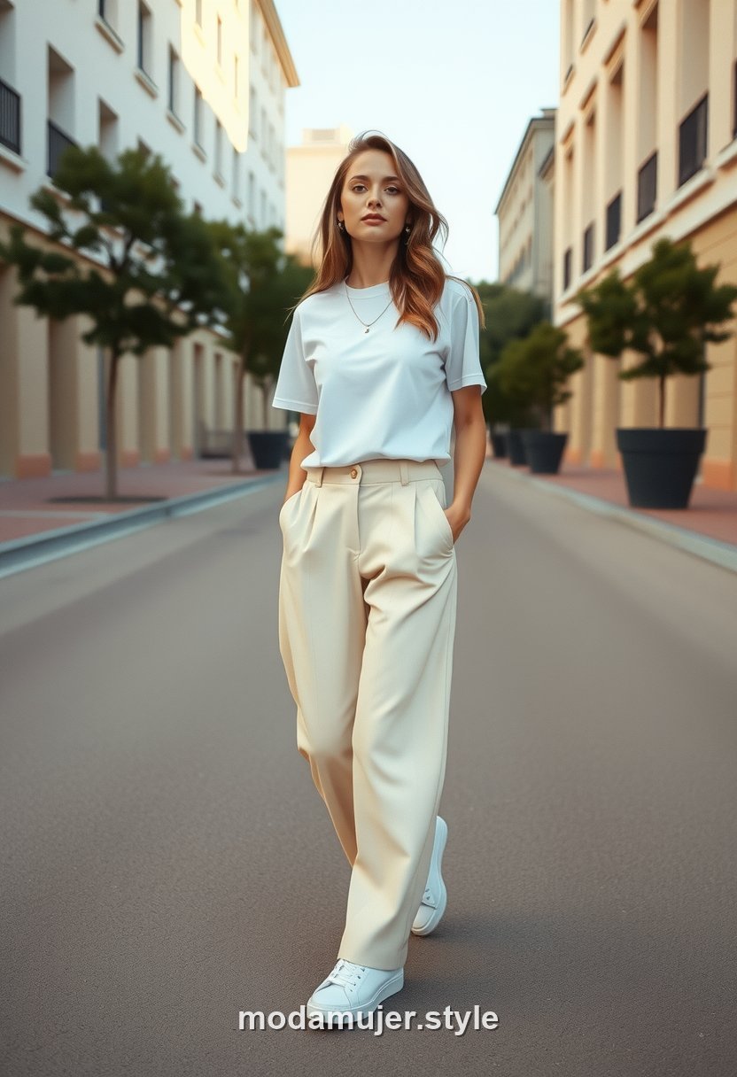 Look minimalista de día a día con camiseta blanca, pantalón ancho y zapatillas