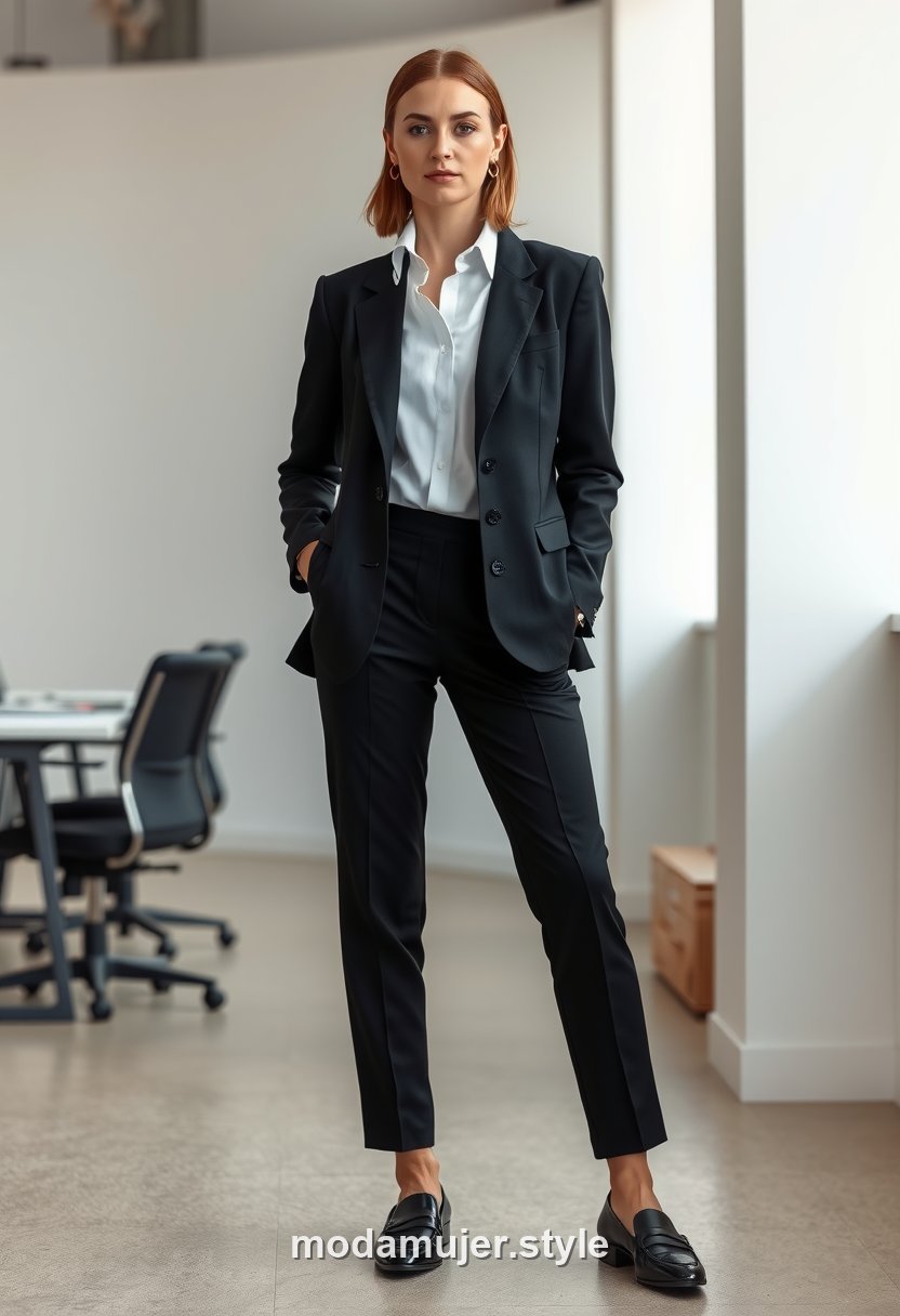 Look minimalista de oficina con camisa, pantalón recto y blazer