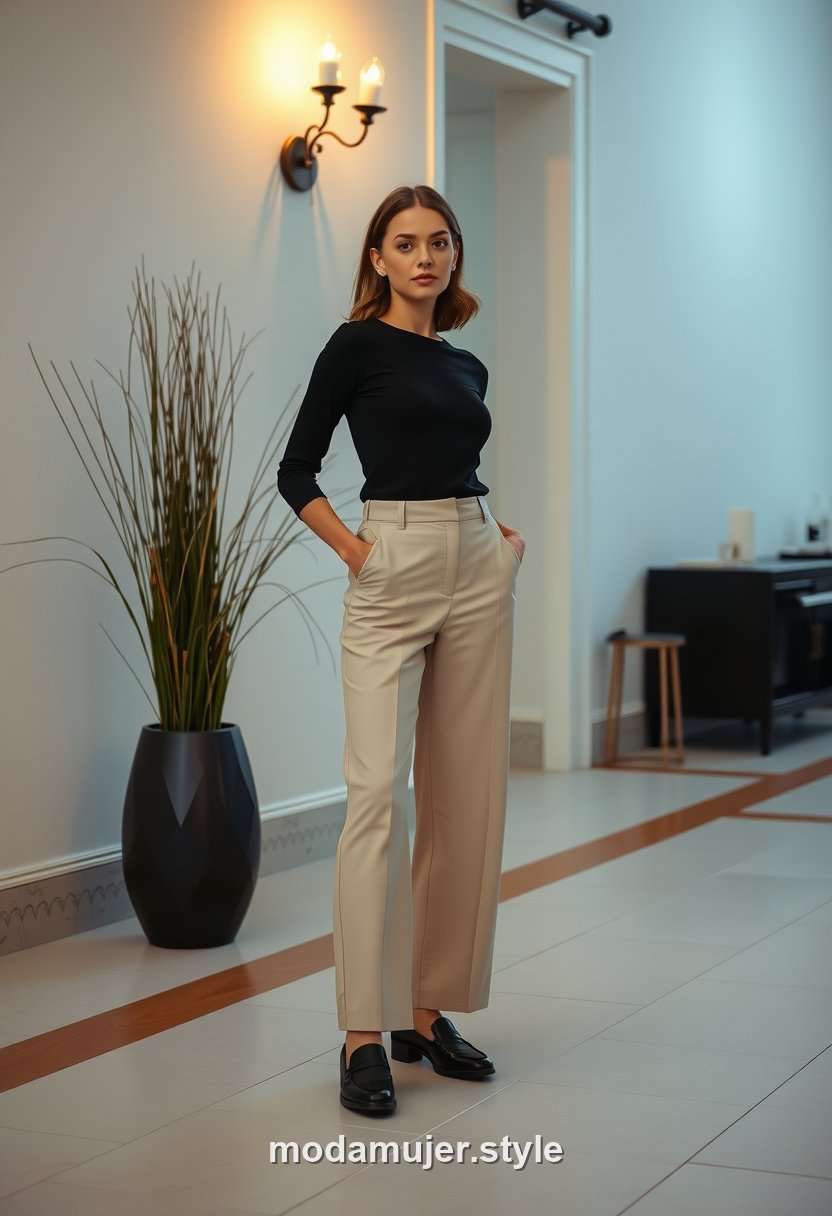 Look minimalista de noche con top negro, pantalón ancho y mocasines