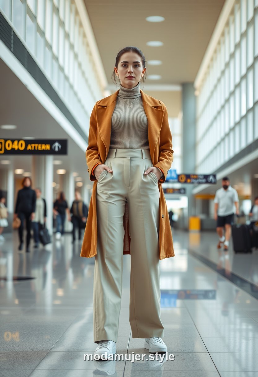 Look minimalista de viaje con jersey, pantalón ancho y abrigo