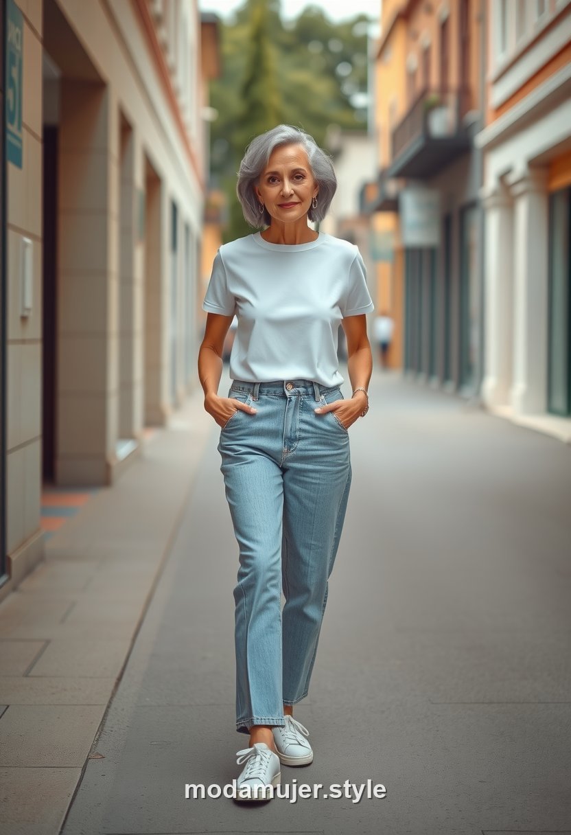 Look de día a día a los 50 con camiseta, vaqueros y zapatillas