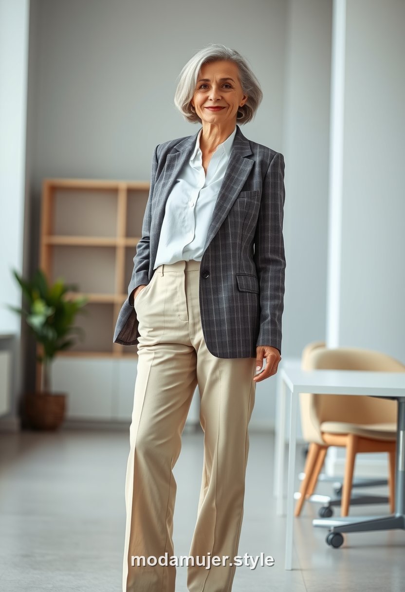 Look de oficina a los 50 con camisa, pantalón recto y blazer