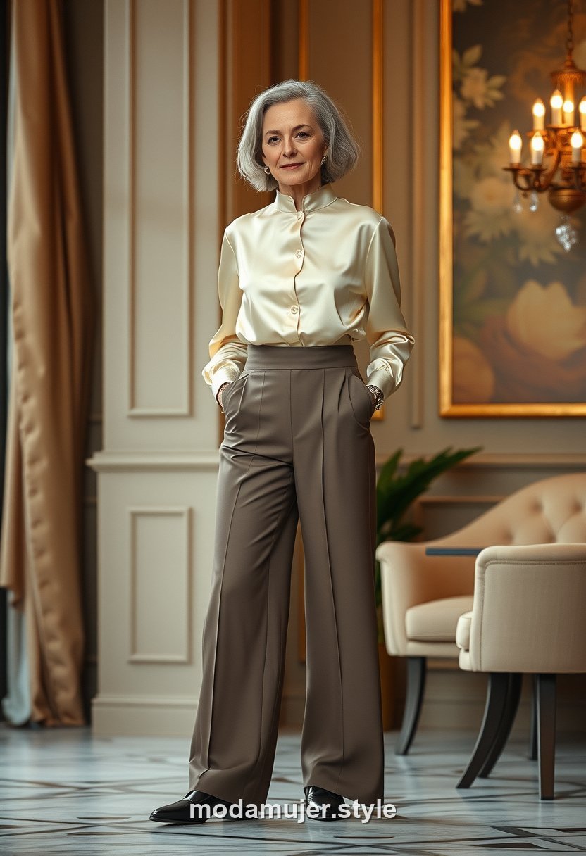 Look de noche a los 50 con blusa de seda, pantalón ancho y mocasines