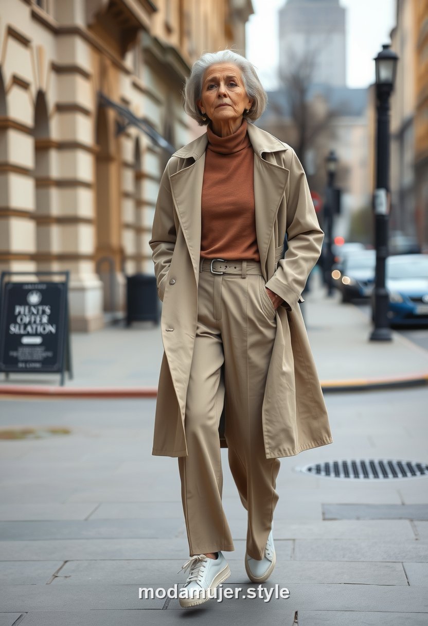 Look de finde a los 50 con jersey de cuello alto, pantalón ancho y gabardina