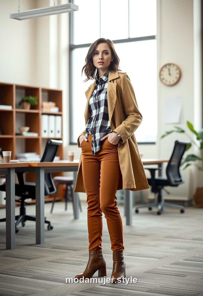 Look de oficina de otoño con camisa de cuadros, pana y gabardina