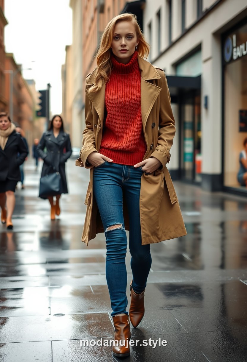 Look de otoño para la lluvia con jersey, vaqueros y gabardina