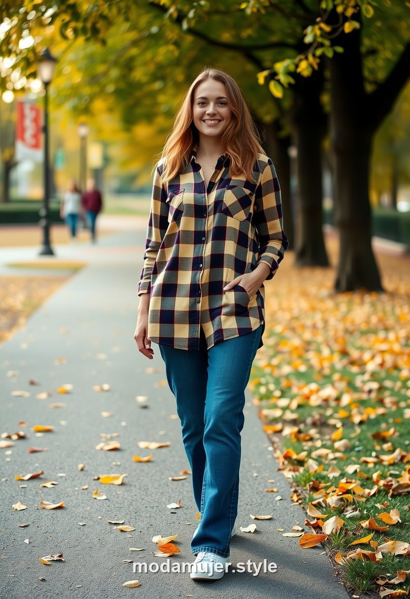 Look de finde de otoño con camisa de cuadros, vaqueros y zapatillas