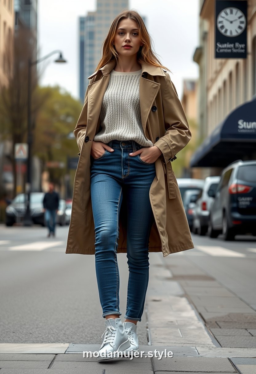 Look de primavera para la lluvia con jersey fino, vaqueros y gabardina