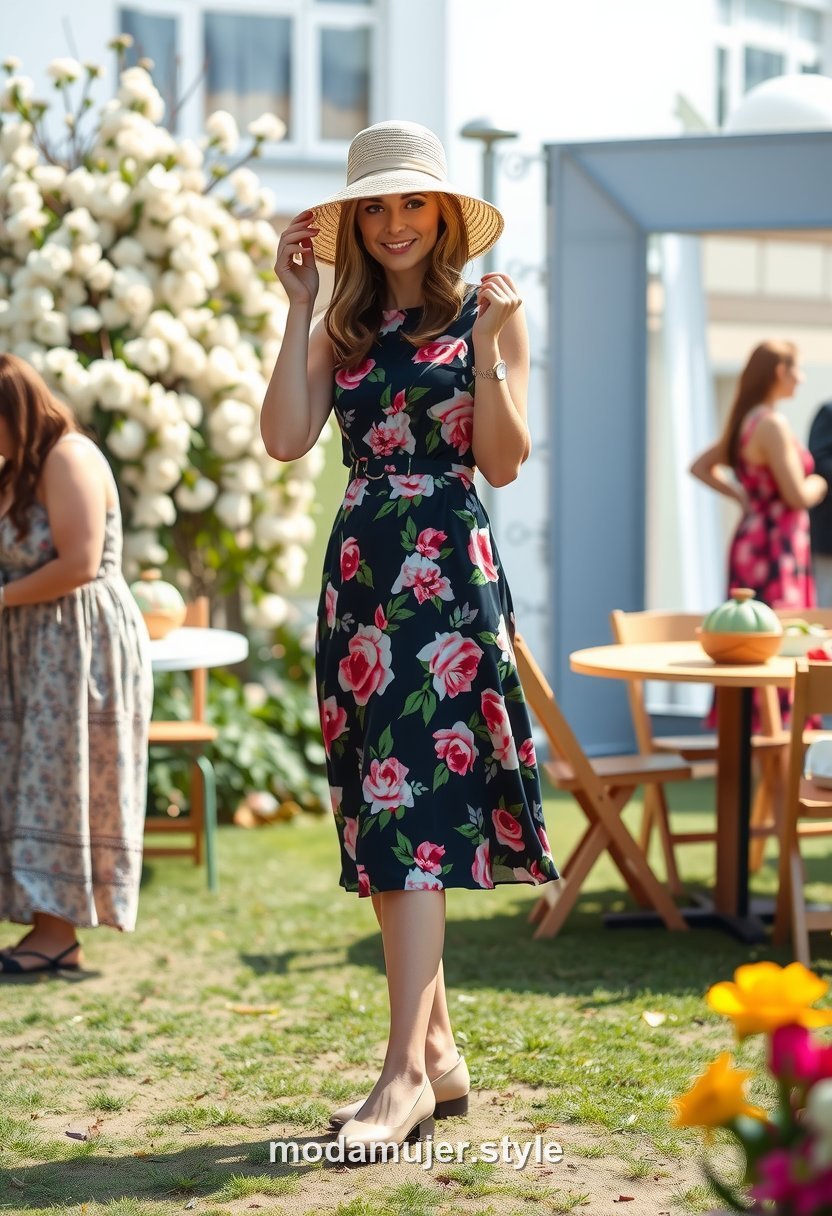 Look de evento de primavera con vestido midi floral y bailarinas