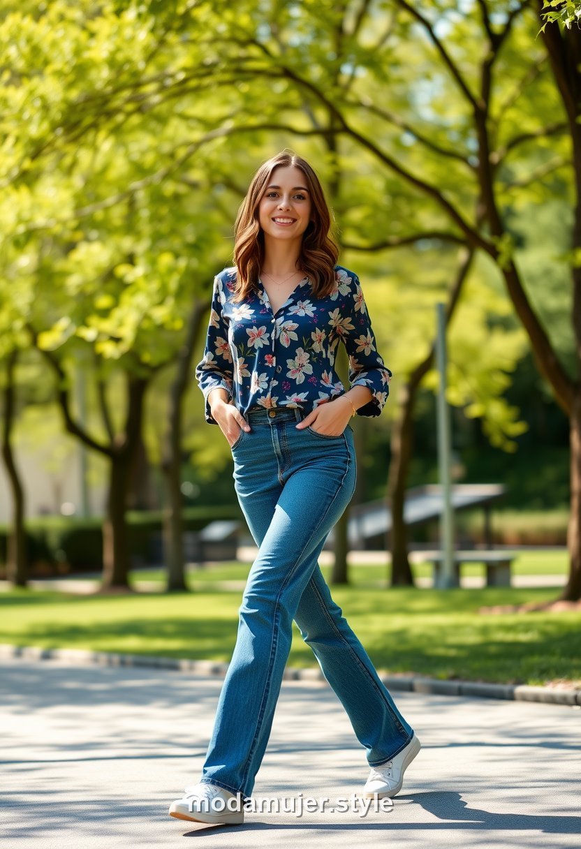 Look de finde de primavera con blusa estampada, vaqueros y zapatillas