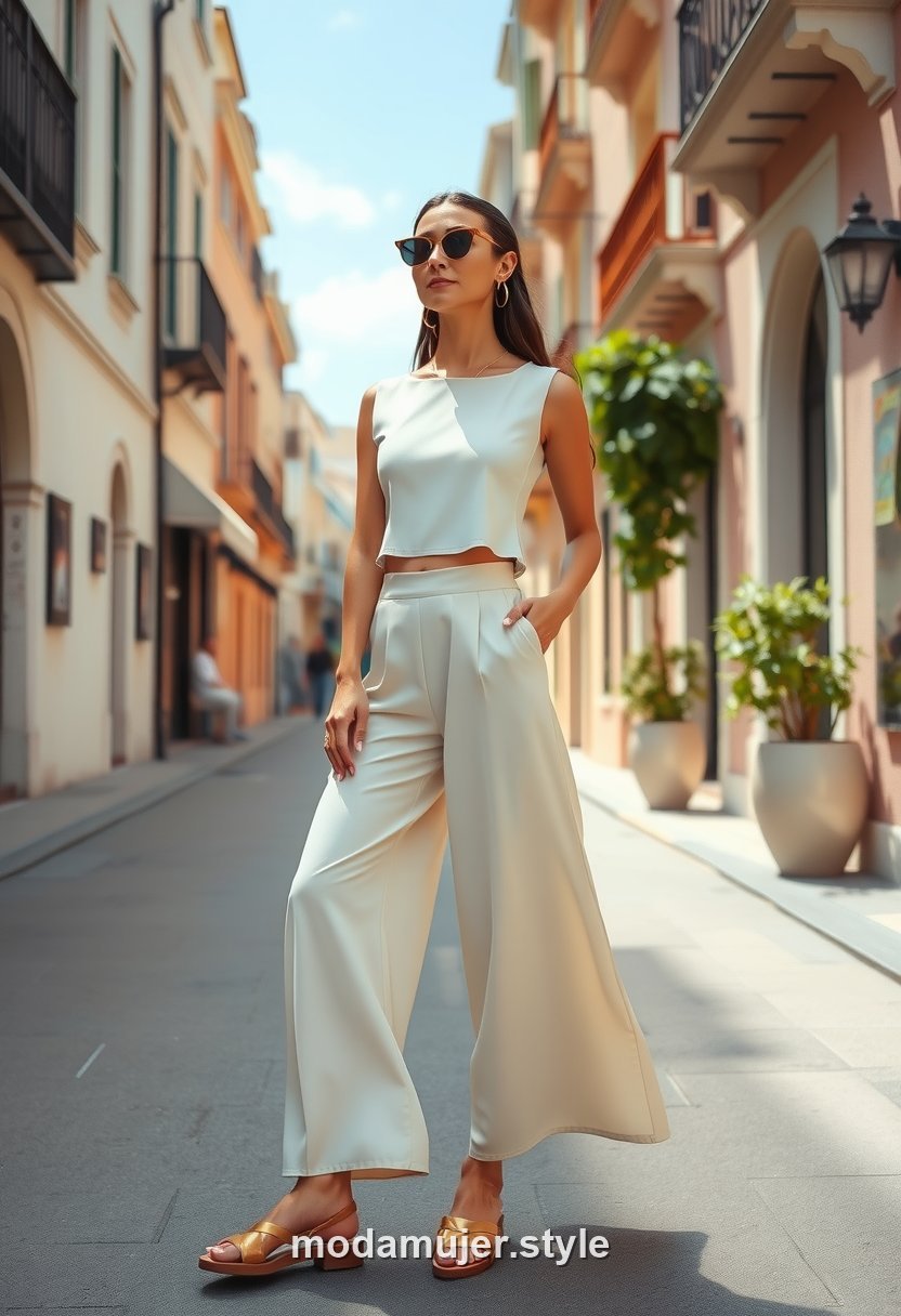 Look sexy de día con top corto y pantalón palazzo