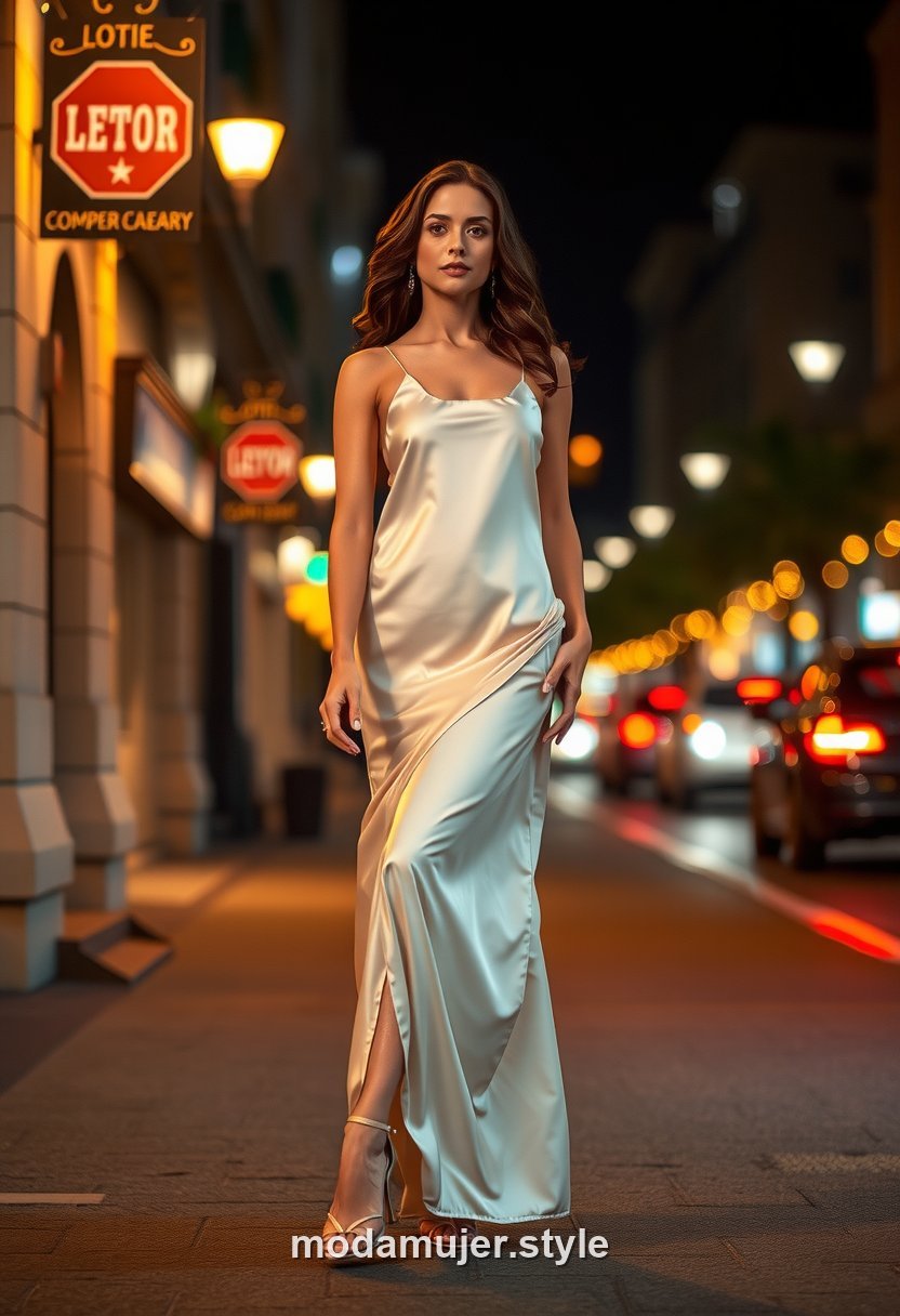 Look sexy de noche con vestido lencero satinado y tacones