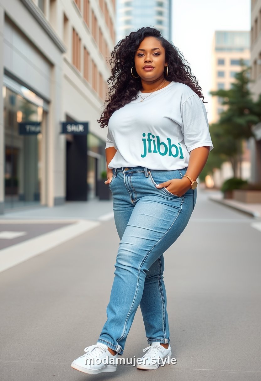 Look curvy de día a día con camiseta, vaqueros y zapatillas