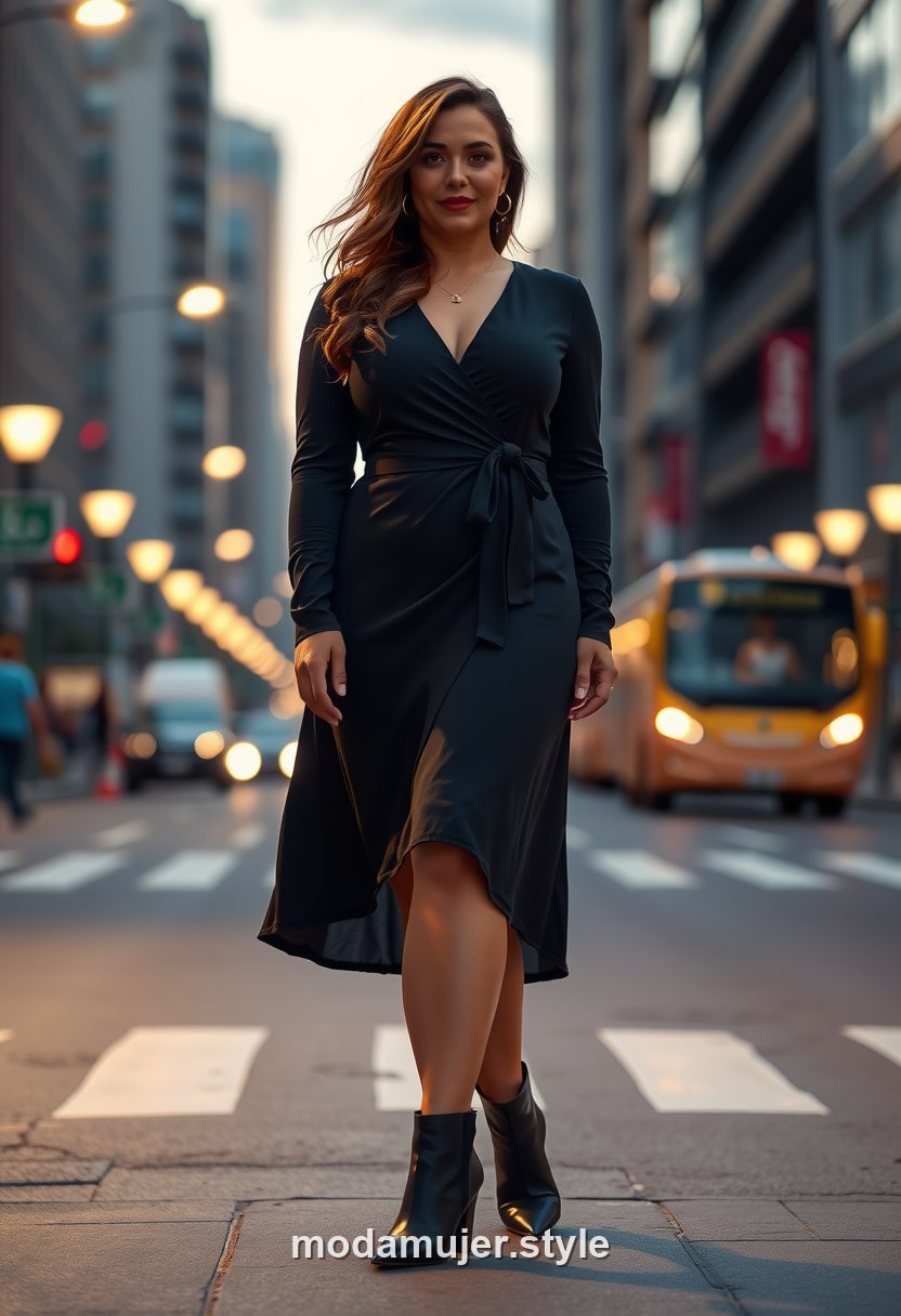 Look curvy de noche con vestido cruzado y botines