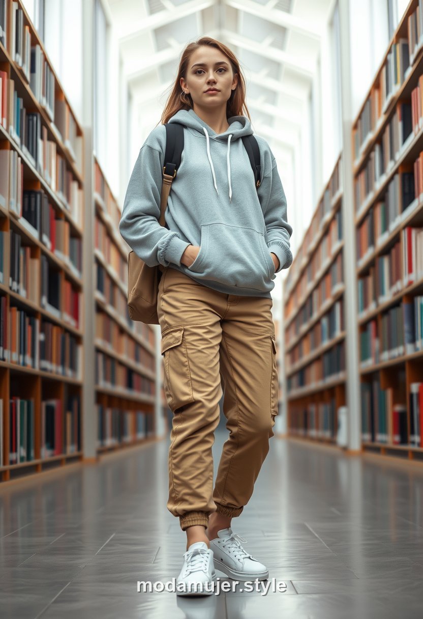 Look de biblioteca con sudadera, pantalón cargo y zapatillas