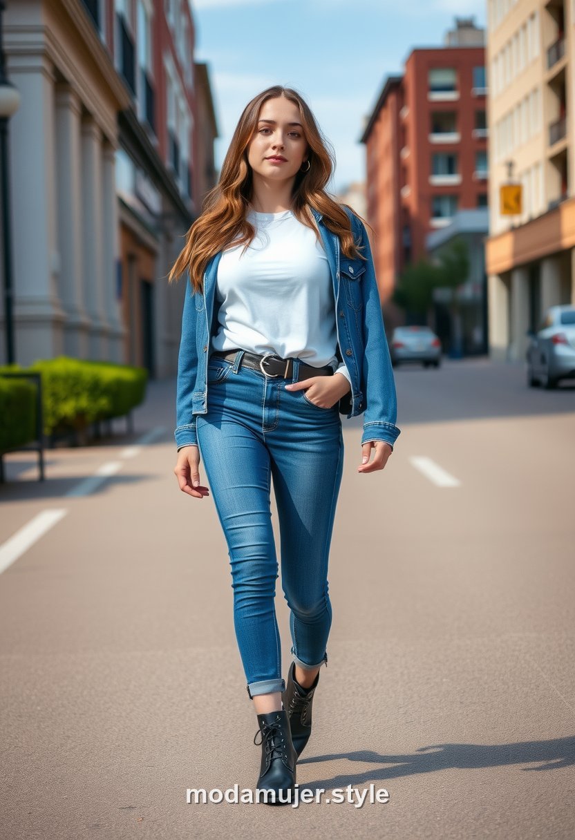 Look para salir con amigas con camiseta, vaqueros, cazadora vaquera y botines
