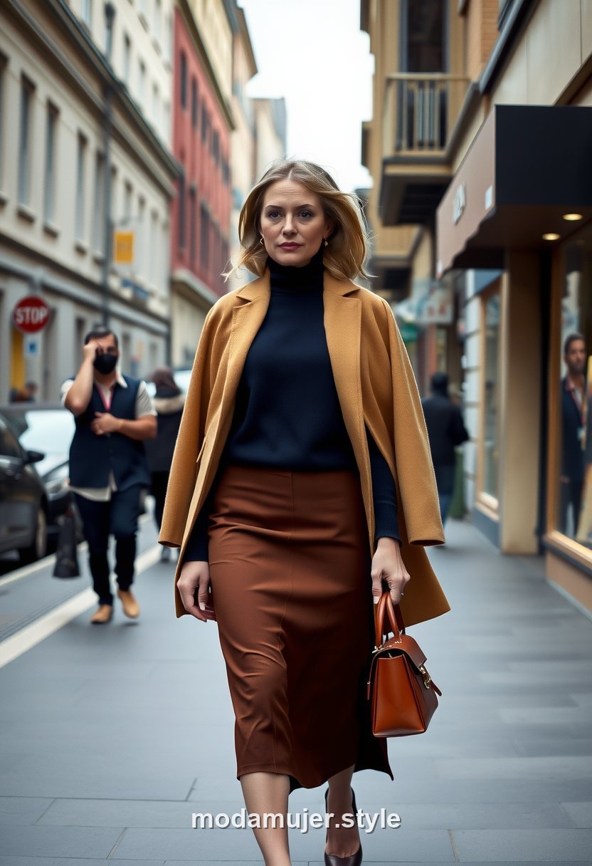 Mujer con jersey azul marino y falda camel paseando por una calle urbana