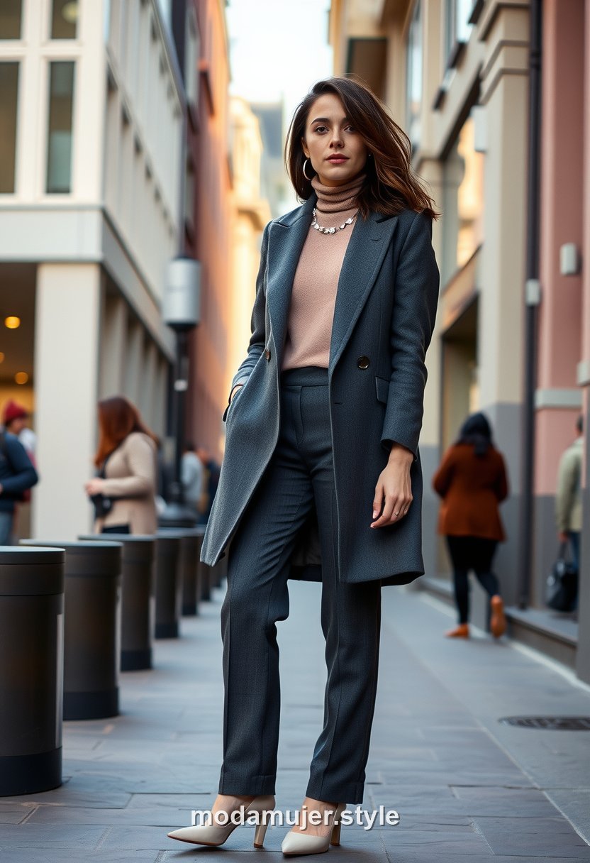 Mujer con jersey rosa empolvado y pantalon gris en una calle de ciudad