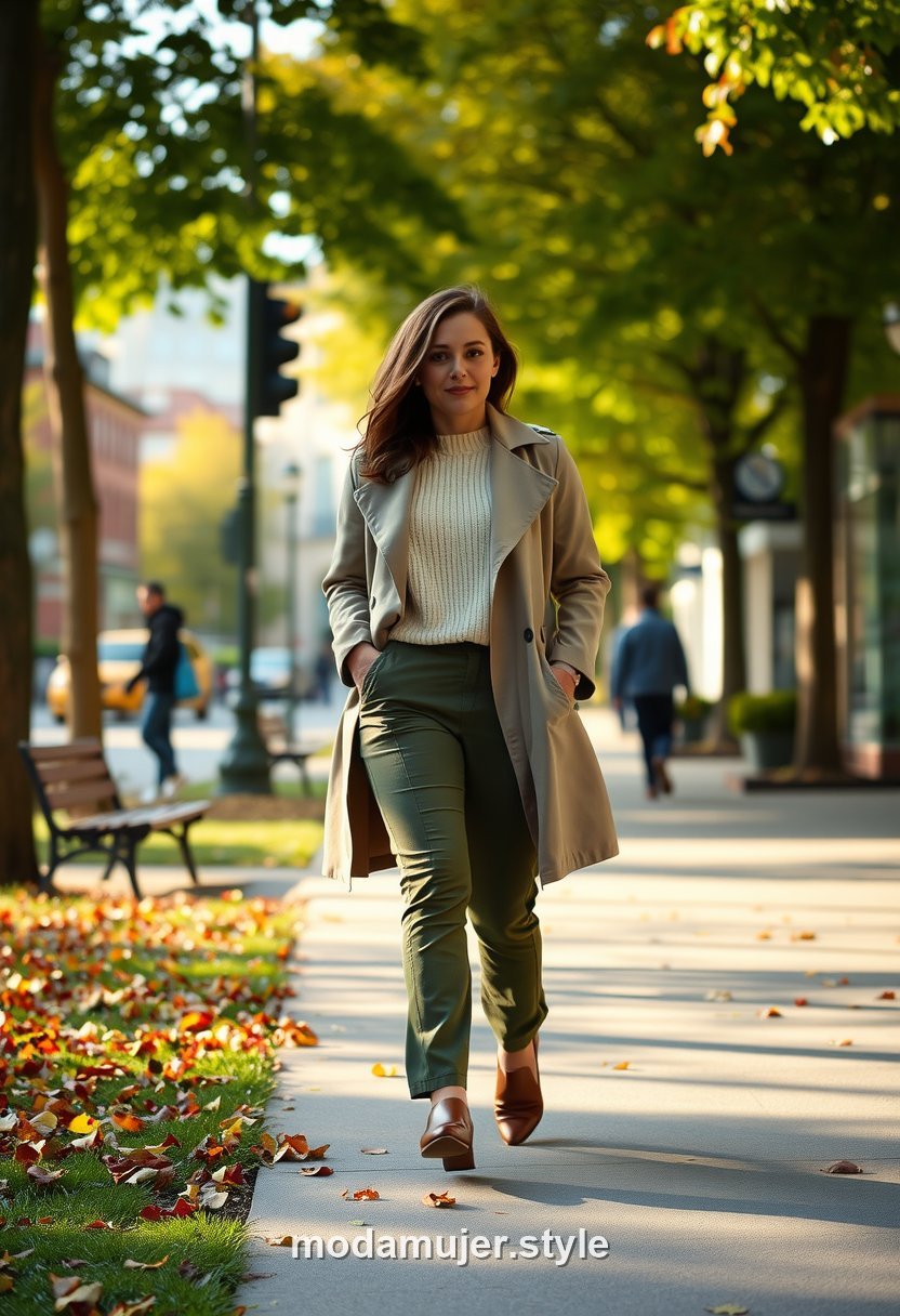 Mujer con pantalon verde oliva y top crudo paseando por un entorno urbano