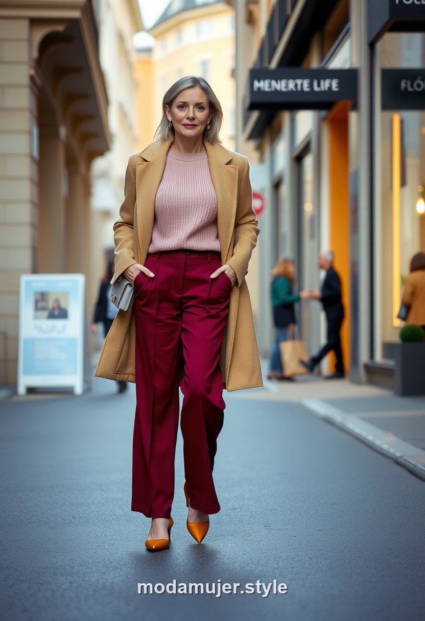 Mujer con pantalon burdeos y jersey rosa palo en una calle elegante