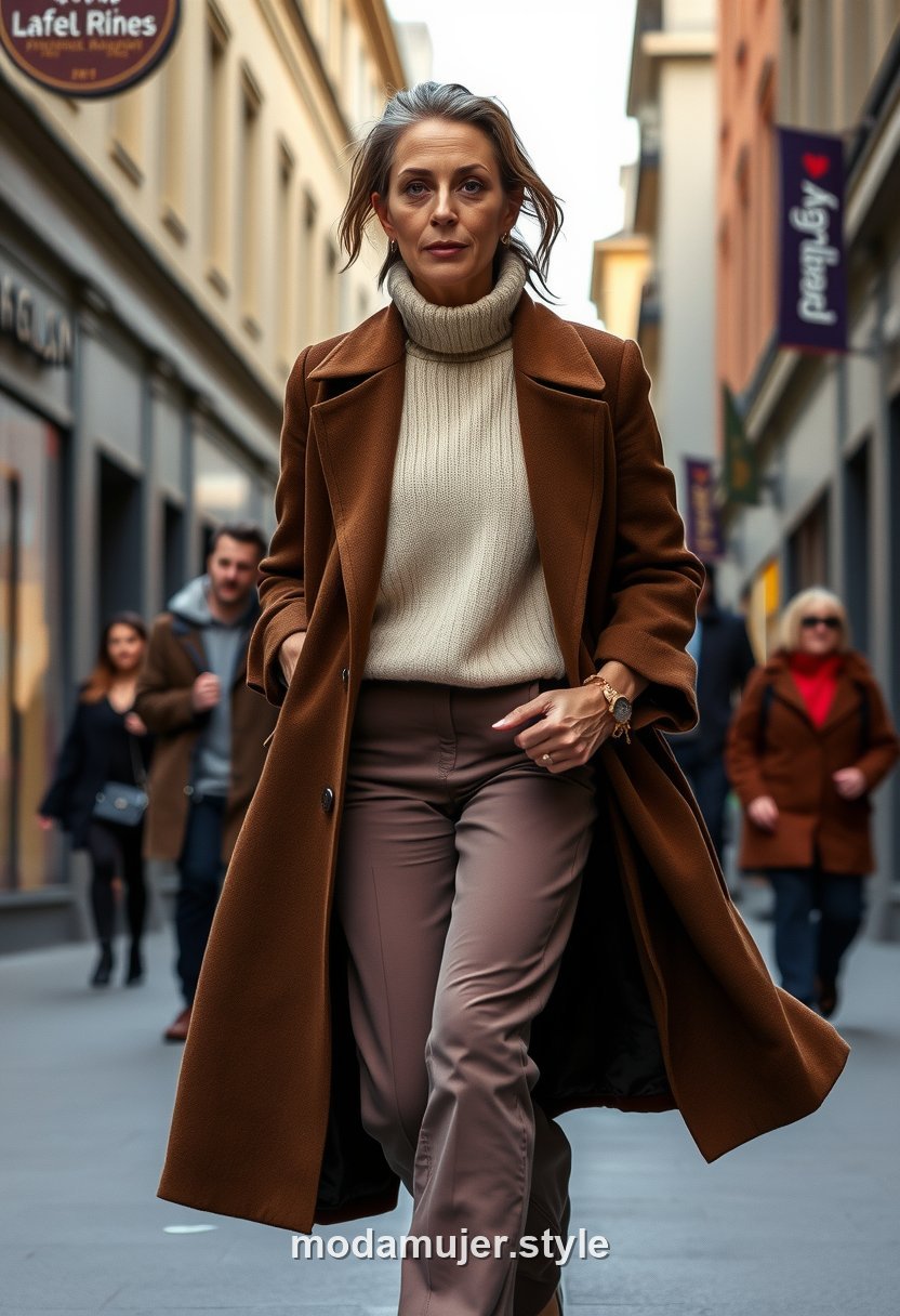 Mujer con abrigo marron chocolate y jersey crema caminando por una calle urbana