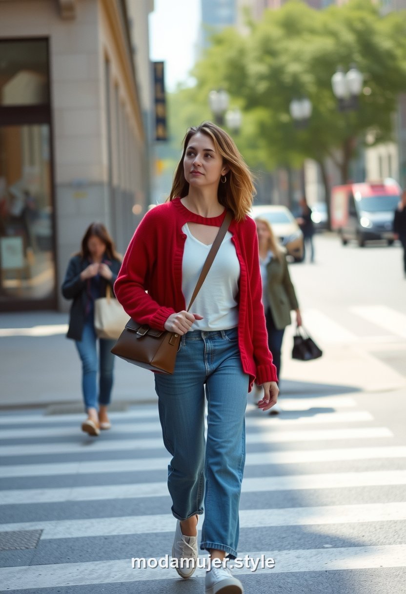 Mujer con jersey rojo y vaqueros azules caminando por una calle de ciudad