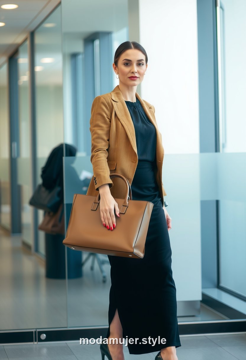 Mujer con vestido negro midi y blazer camel, look de oficina pulido, cuerpo entero