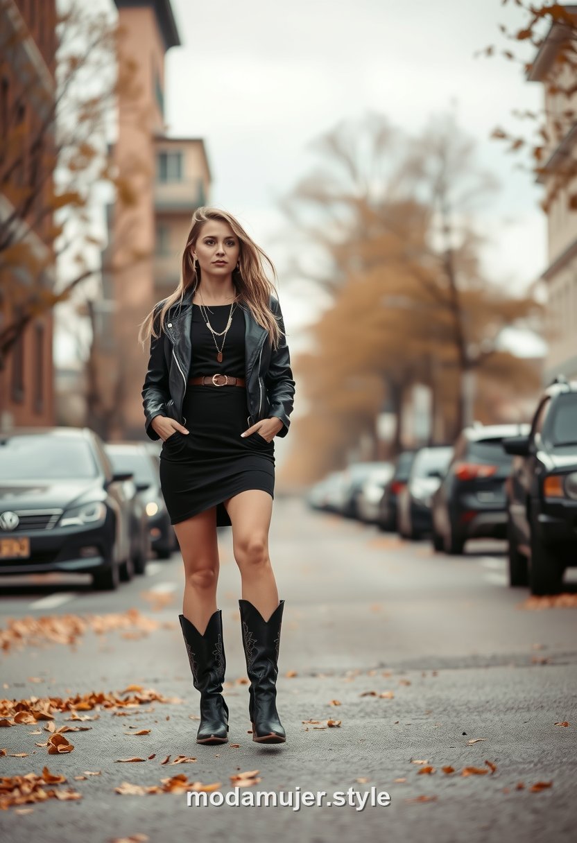 Mujer con vestido negro y botas cowboy con chaqueta de cuero, look otonal con caracter, cuerpo entero