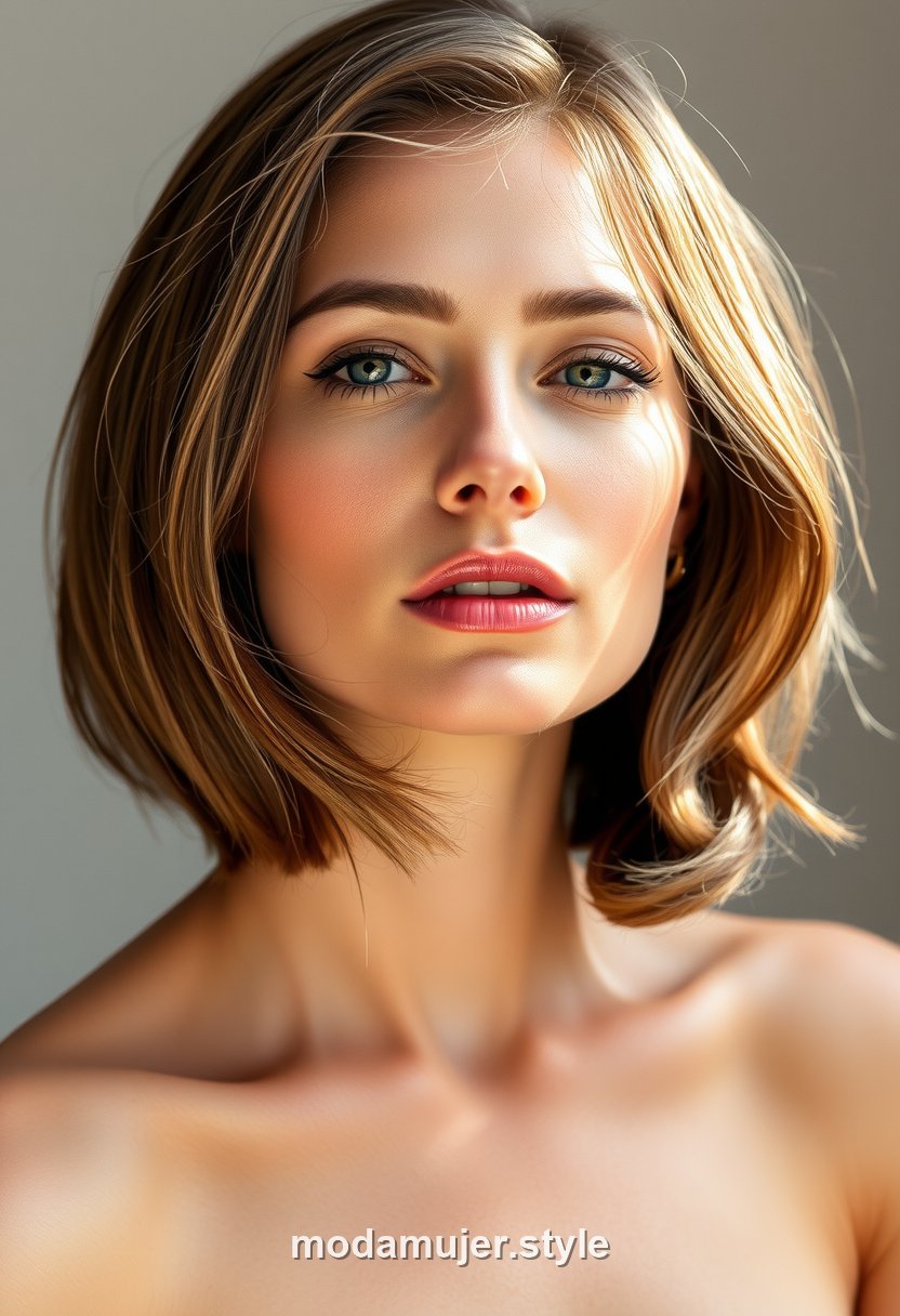 Mujer con corte soft bob a la altura de la mandibula, acabado suave y natural