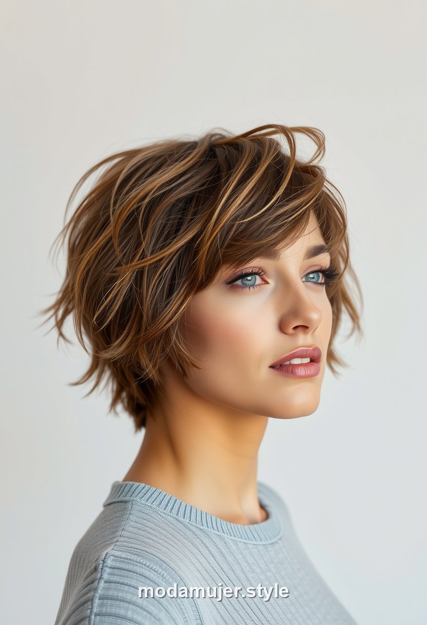 Mujer con corte bixie corto y texturizado, mezcla de bob y pixie, con volumen