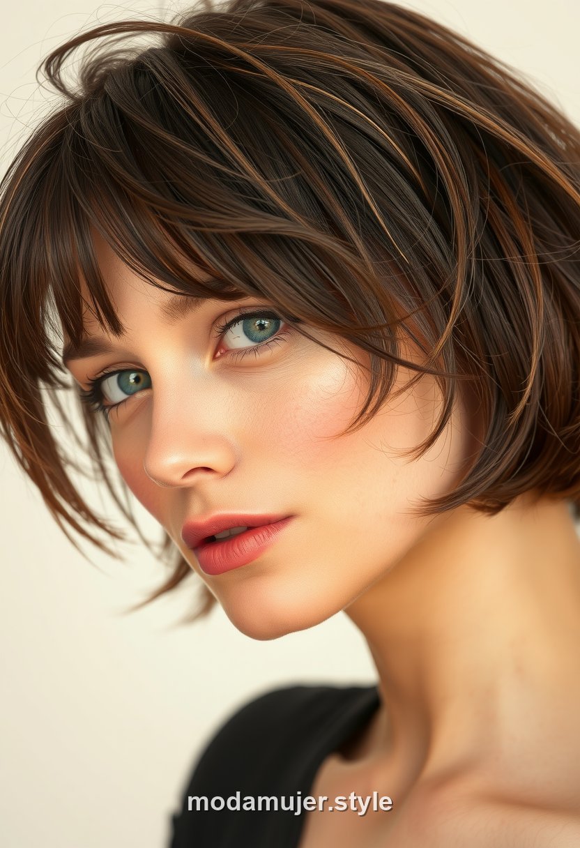 Mujer con corte soft shag de capas desfiladas, textura y volumen en la coronilla