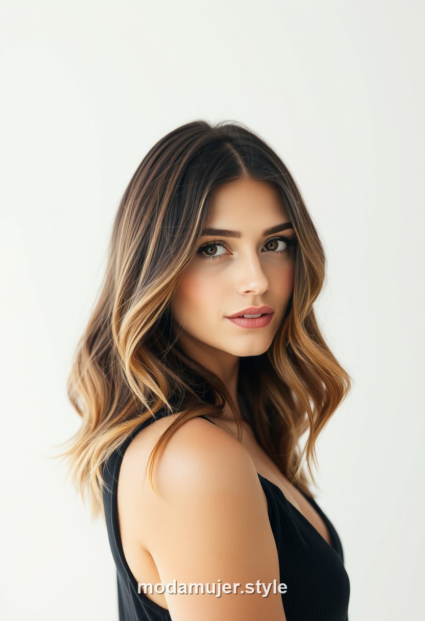 Mujer con lob a la altura de la clavicula y ondas suaves tipo beach waves