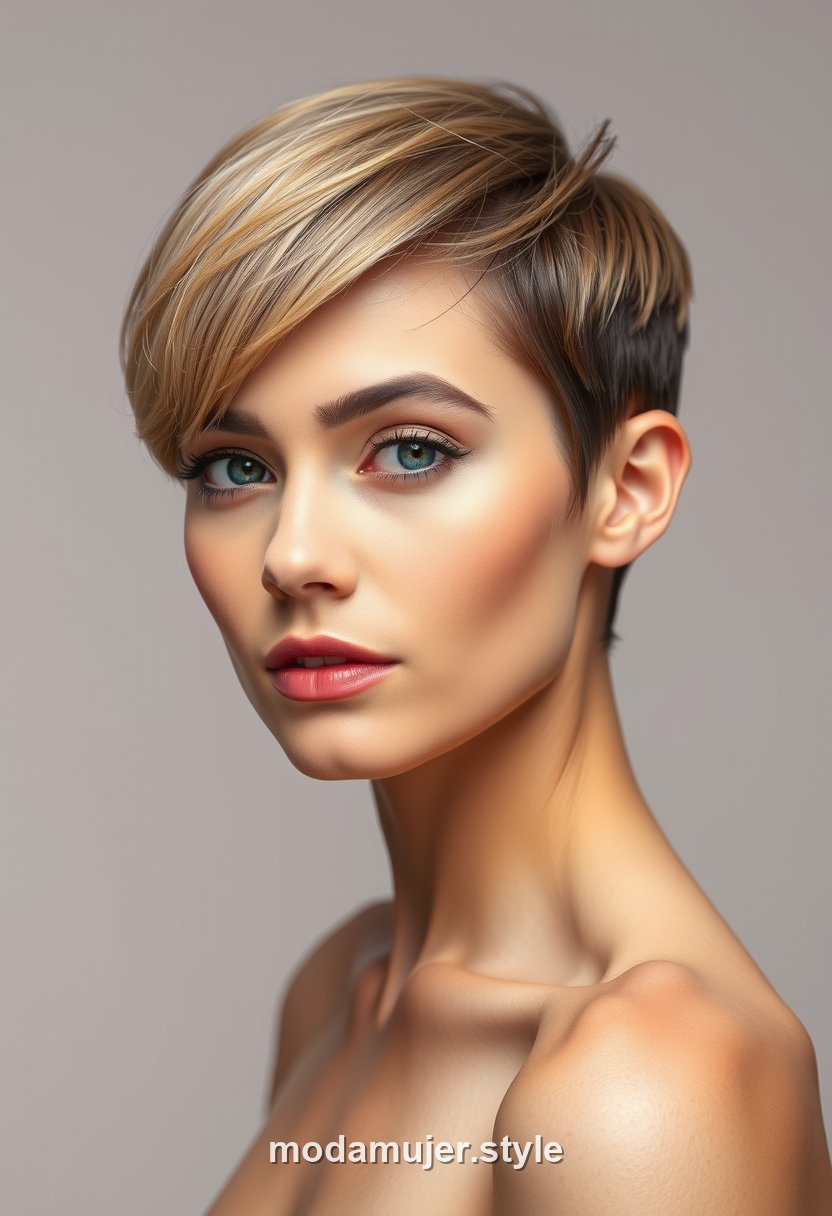 Mujer con pixie elegante muy corto y pulido, nuca despejada y parte superior peinada