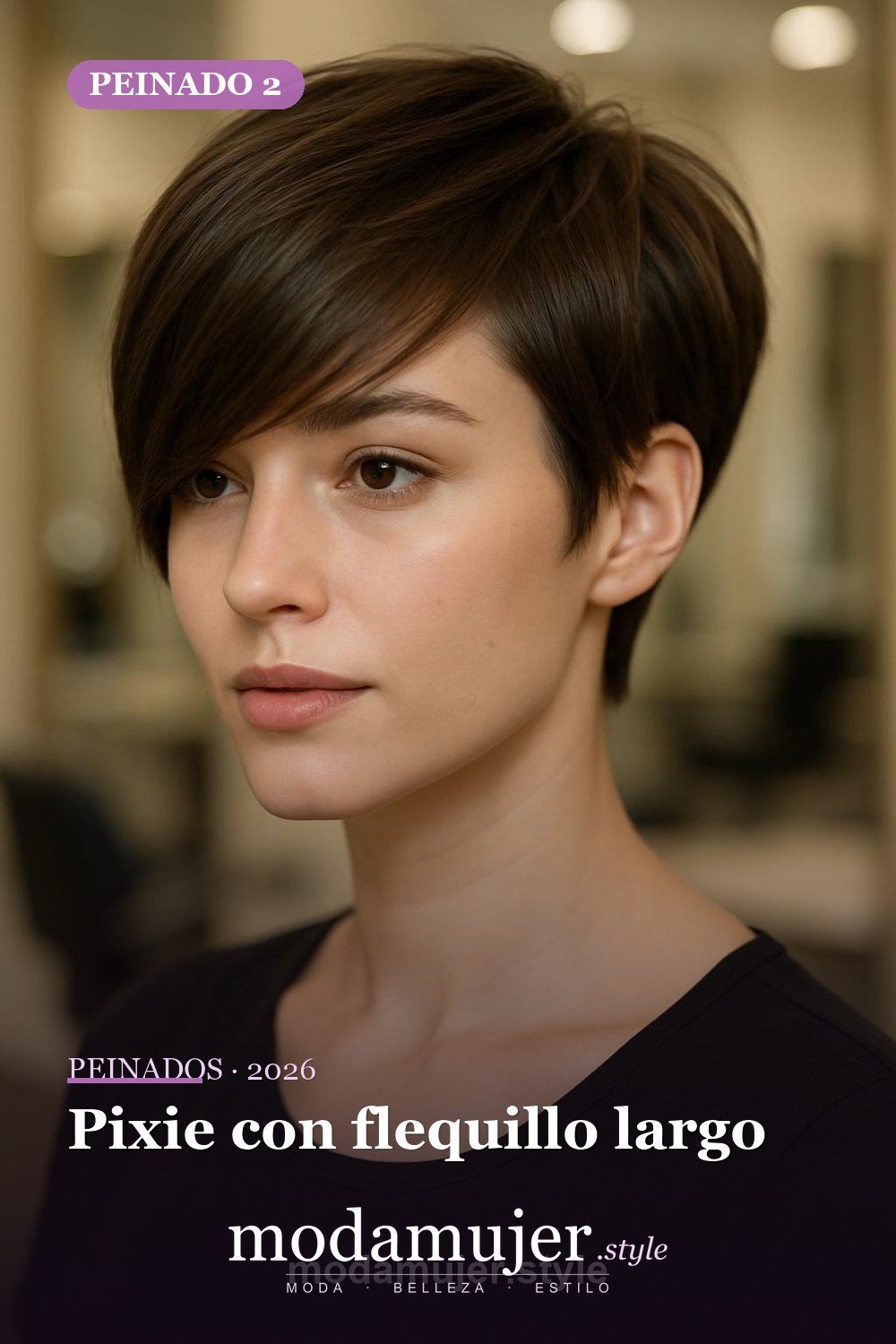 Pixie con flequillo largo — 30 cortes de pelo corto para mujer en 2026