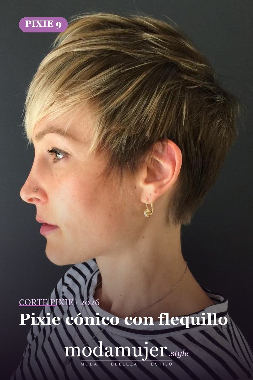 Pixie cónico con flequillo — corte de pixie corto 2026