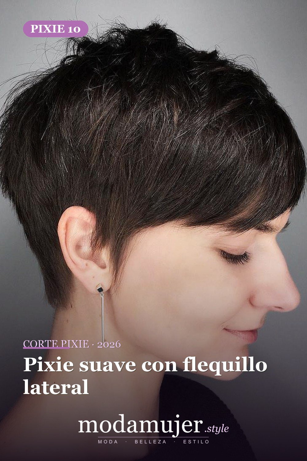 Pixie suave con flequillo lateral — corte de pixie corto 2026
