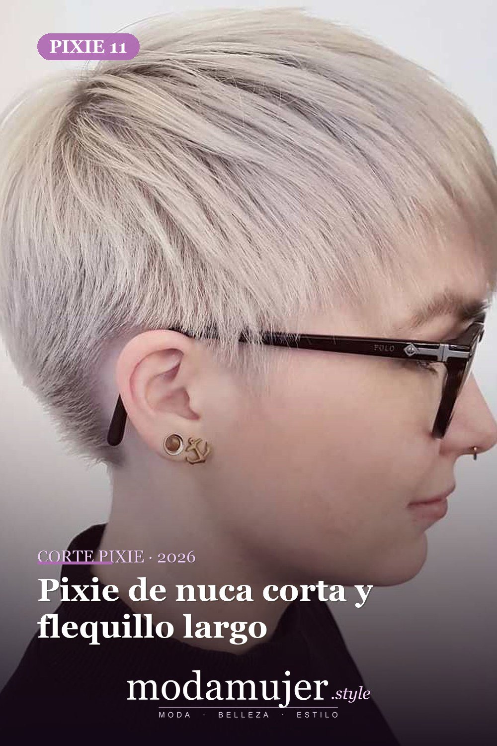 Pixie de nuca corta y flequillo largo — corte de pixie corto 2026