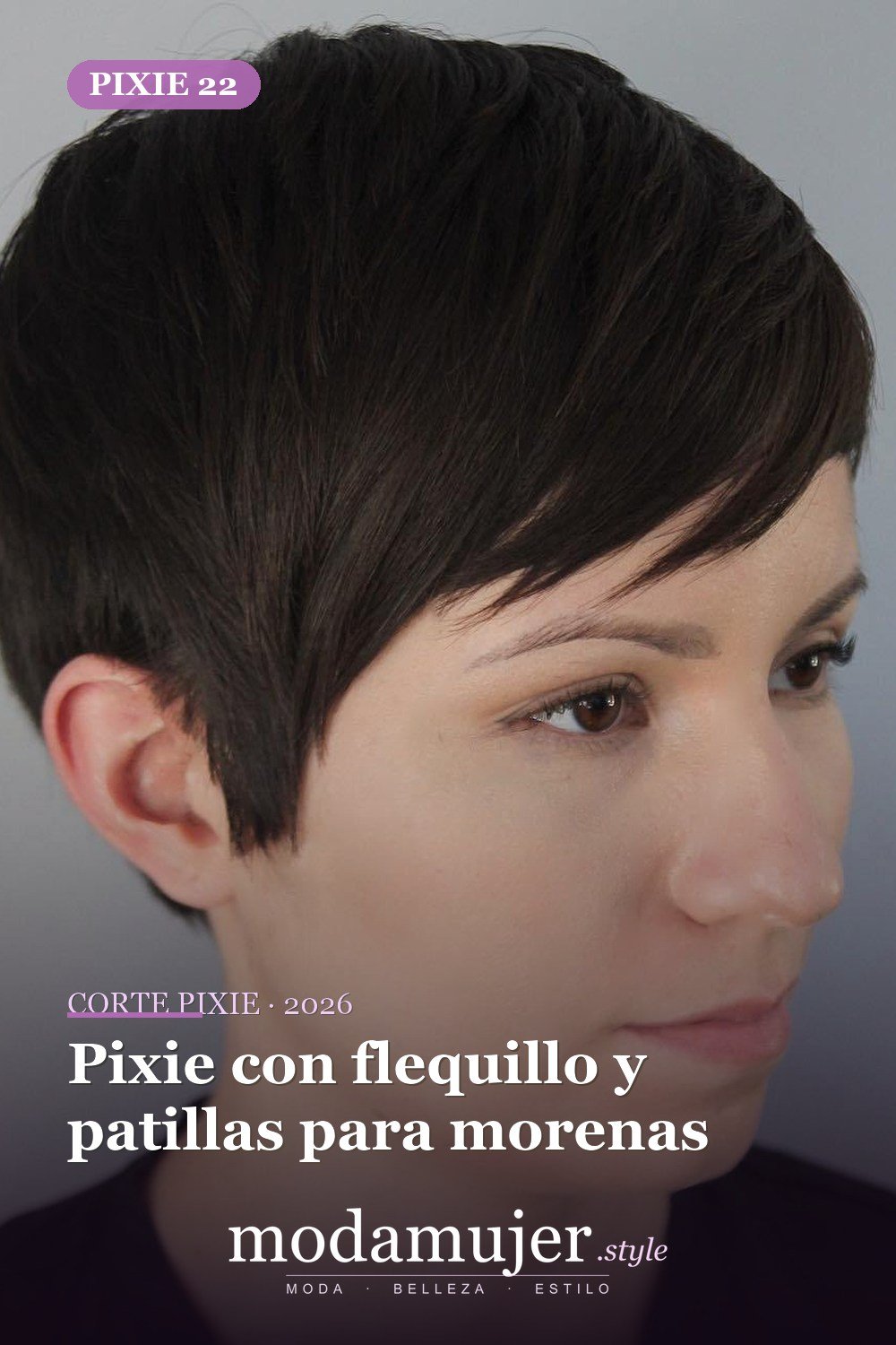Pixie con flequillo y patillas para morenas — corte de pixie corto 2026