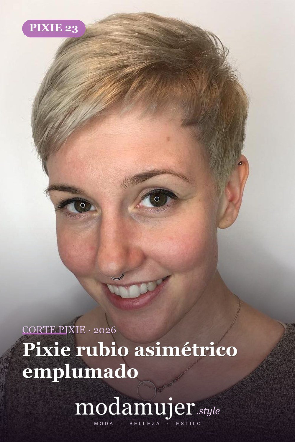 Pixie rubio asimétrico emplumado — corte de pixie corto 2026