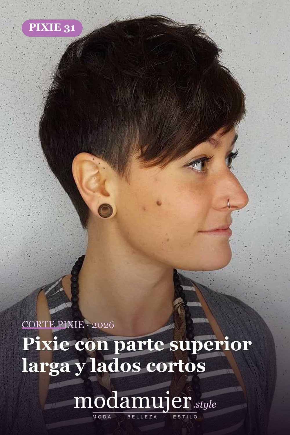 Pixie con parte superior larga y lados cortos — corte de pixie corto 2026